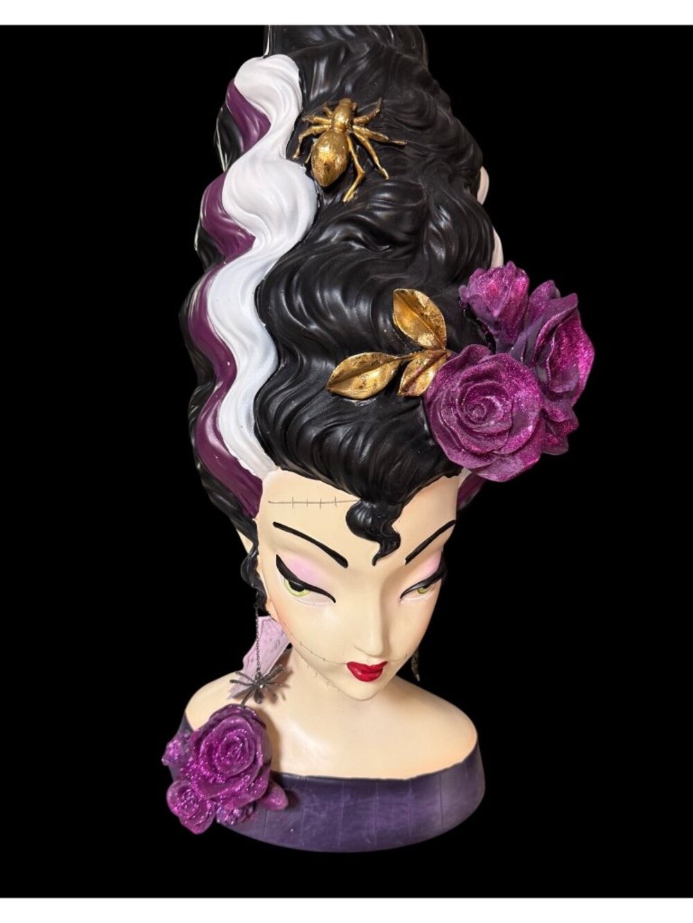 Viral Halloween Bella Lux Bride of Frankenstein Bust Spider Purple Flowers Retro